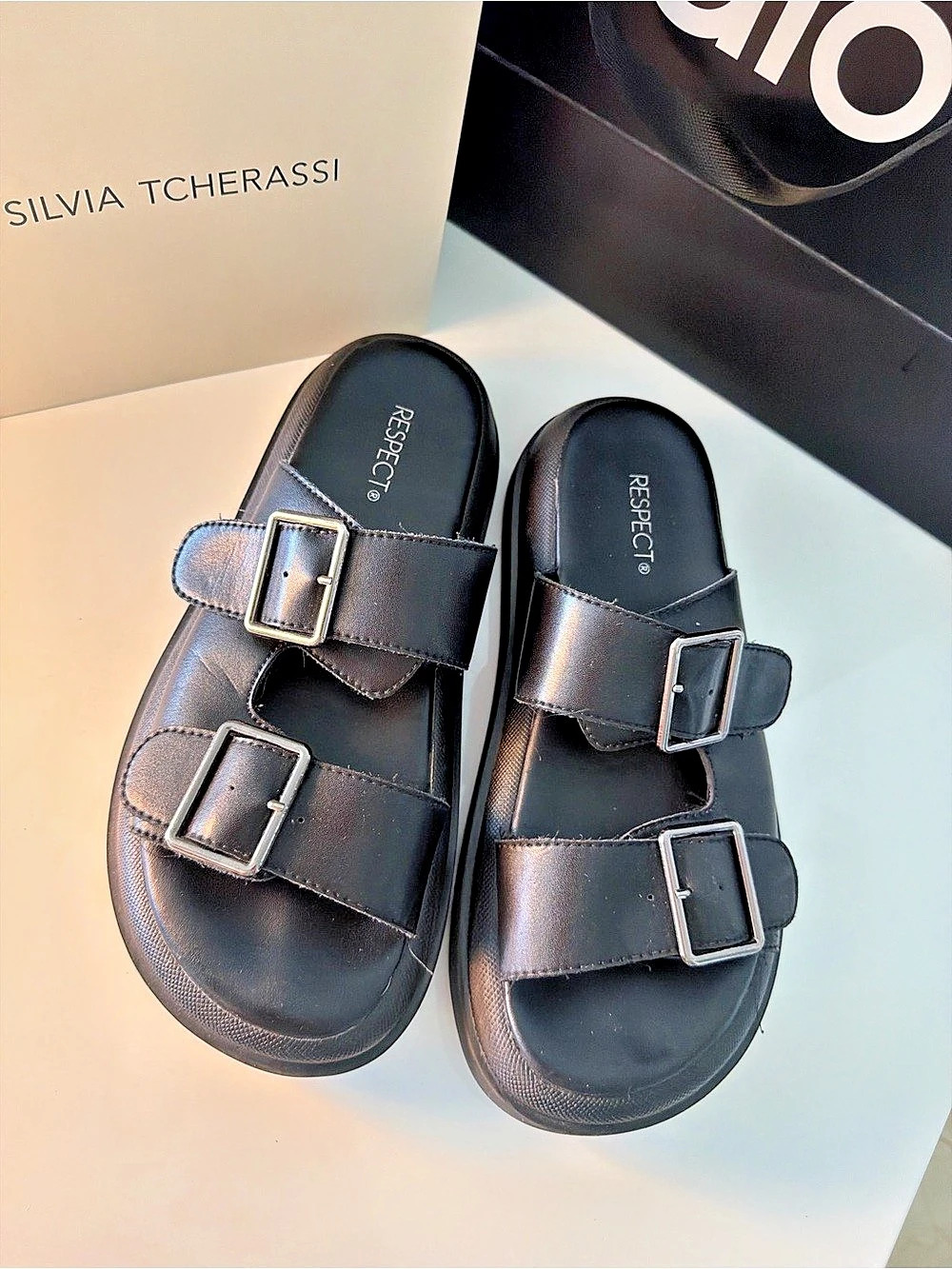 RESPECT Double Buckle Black Sandals Like New